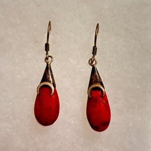Vintage Red Teardrop Dangle Earrings with Crescent Accent